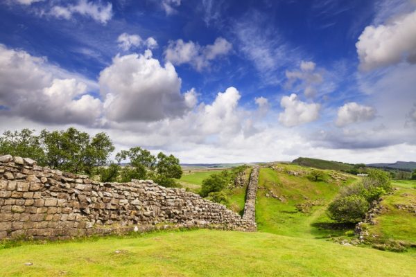 Hadrian's Wall under a dramatic sky at Walltown Crags, Northumberland, England