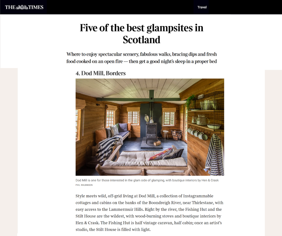 The Times and Sunday Times article which includes Dod Mill in its list of the 5 best glampsites in Scotland